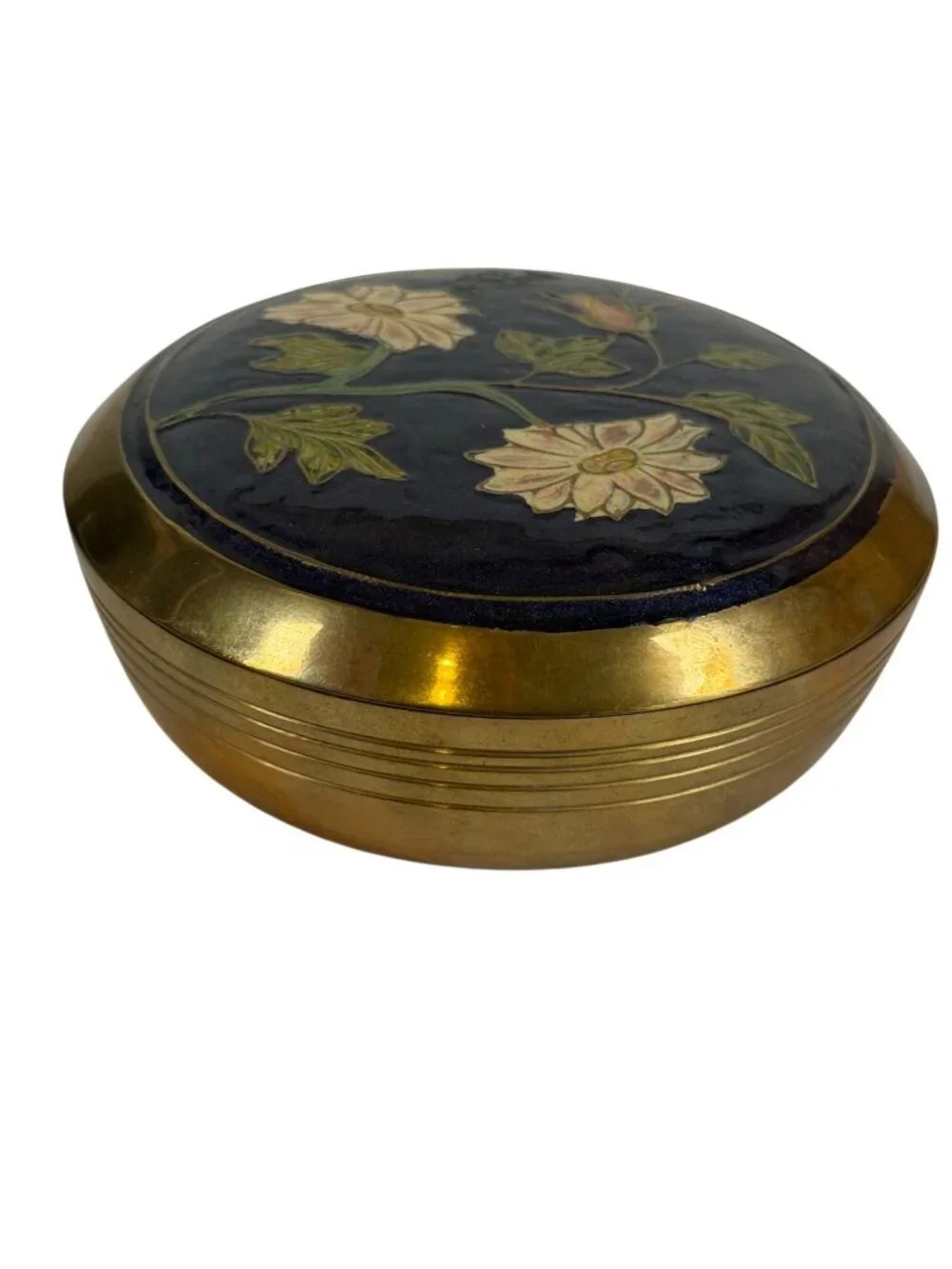 Vintage Brass Trinket Box Enamel Floral Lid Jewelry Grandma Cottage Core